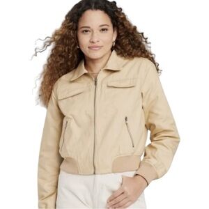 Wild Fable Tan Bomber Jacket with Textured Fabric and Cropped Style medium